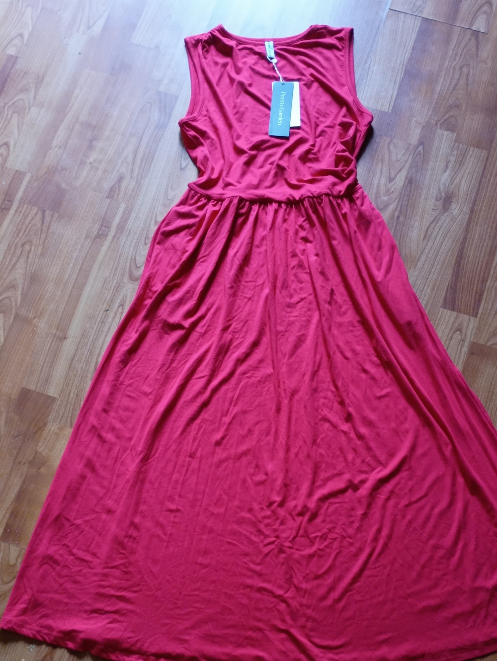 Sleeveless Red Maxi Dress with Gathered Waist - Unbranded